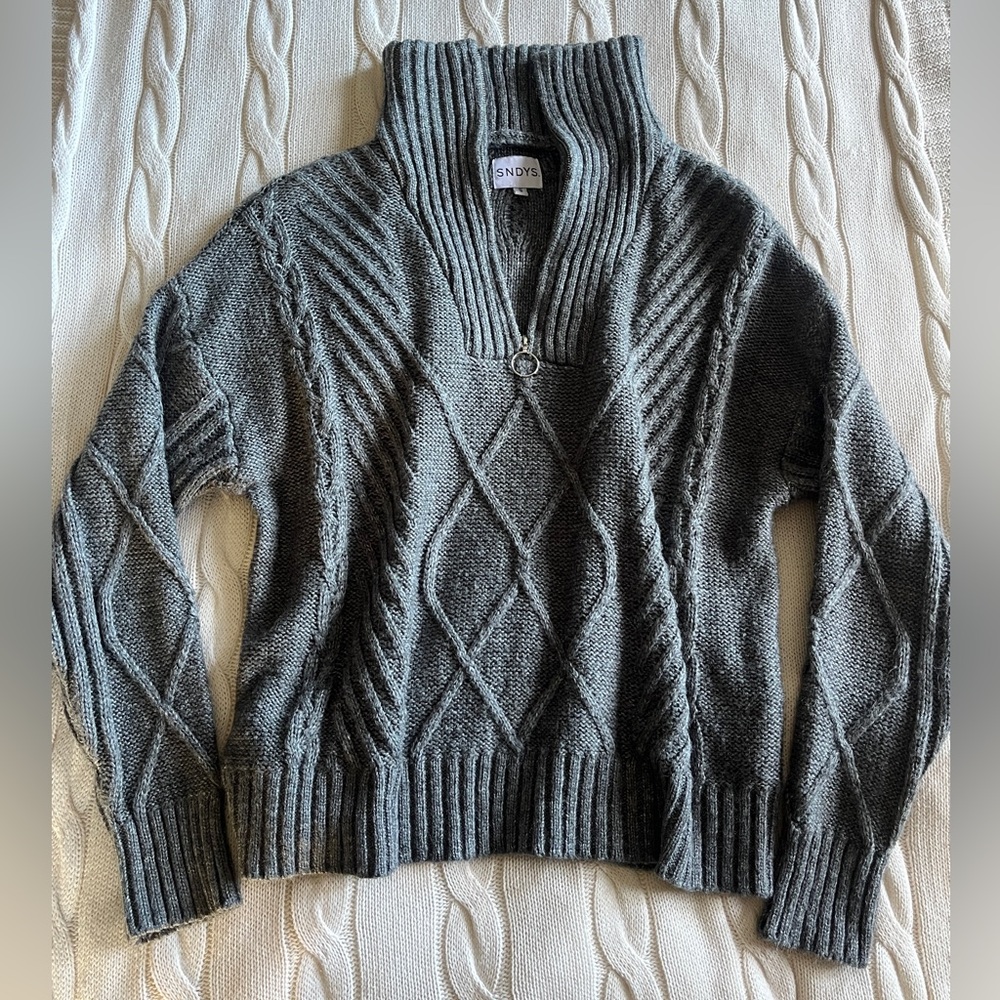 SYNDYS x REVOLVE JAX CHARCOAL GREY HALF ZIP CANLE KNIT SHAWL COLLAR SWEATER ZARA - Picture 2 of 7
